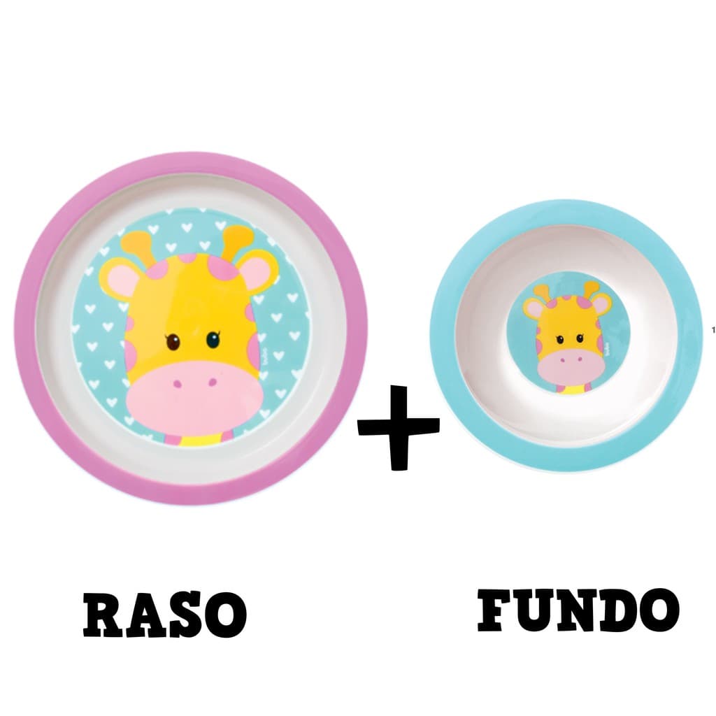 Kit Prato Raso + Fundo Infantil Girafa Redondo com Desenhos Para Refeição de Crianças