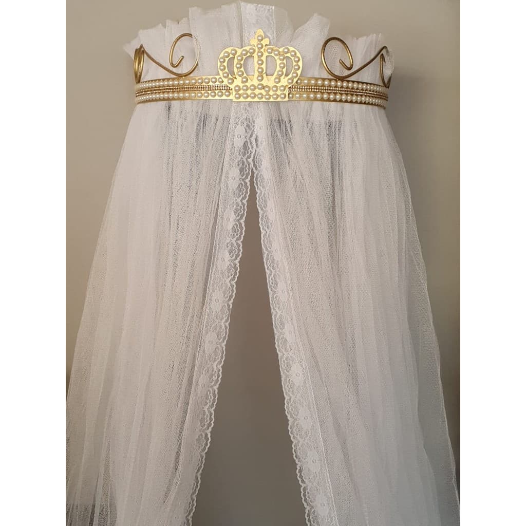 Dossél de Parede quarto bebe Menina Perolas e Stras Coroa Princesa e Véu Filó Renda