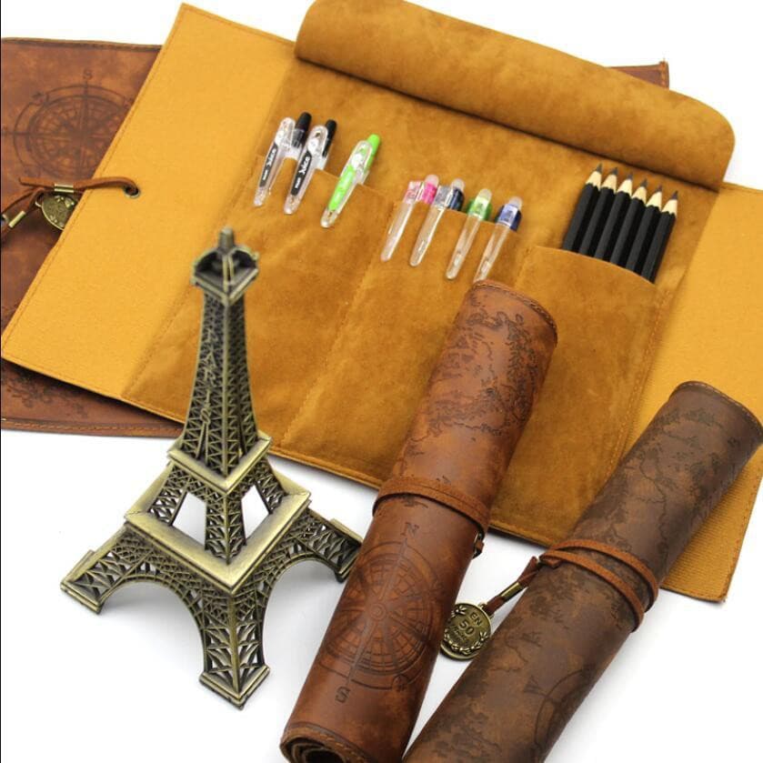 Saco De Lápis De Lona Vintage Em Couro De Grande Capacidade Rolo Criativo Do Mapa Tesouro