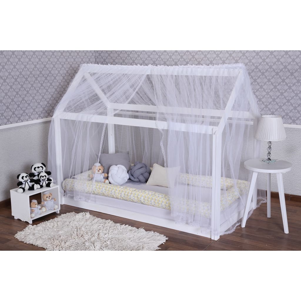 Mosquiteiro Solteiro Casinha Montessoriano de Tule com Acabamento em Renda