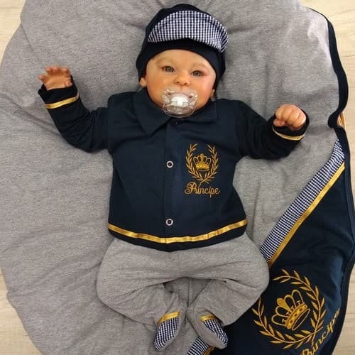 Saída De Maternidade Para Bebê Menino Bordado Príncipe Marinho 6 Peças Super Oferta Tam. P