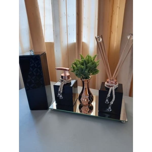 Kit Lavabo/ Banheiro Preto E Rose + Porta Escova De Dente Em Vidro