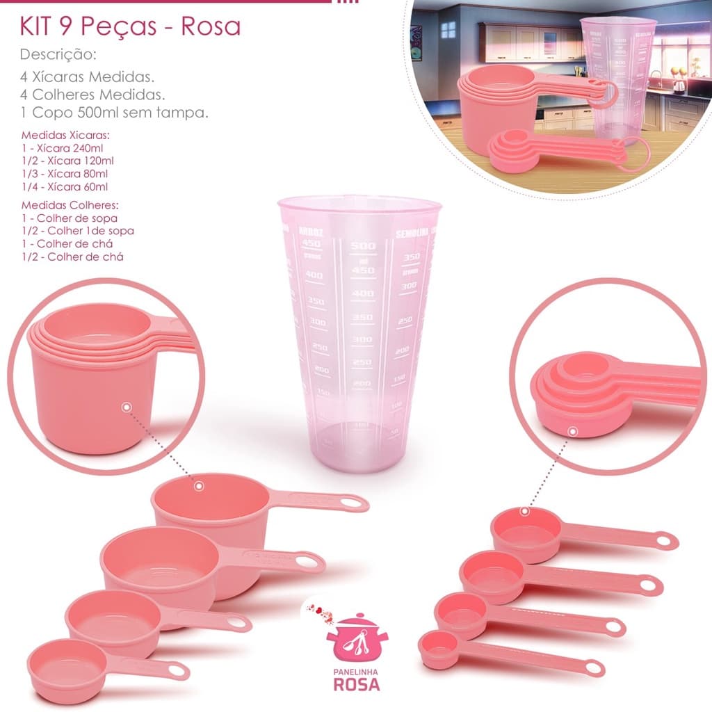 kit medidores 9 peças copo de 500 ml xicara e colheres rosa casa cozinha decoração e confeitaria e atacado e varejo