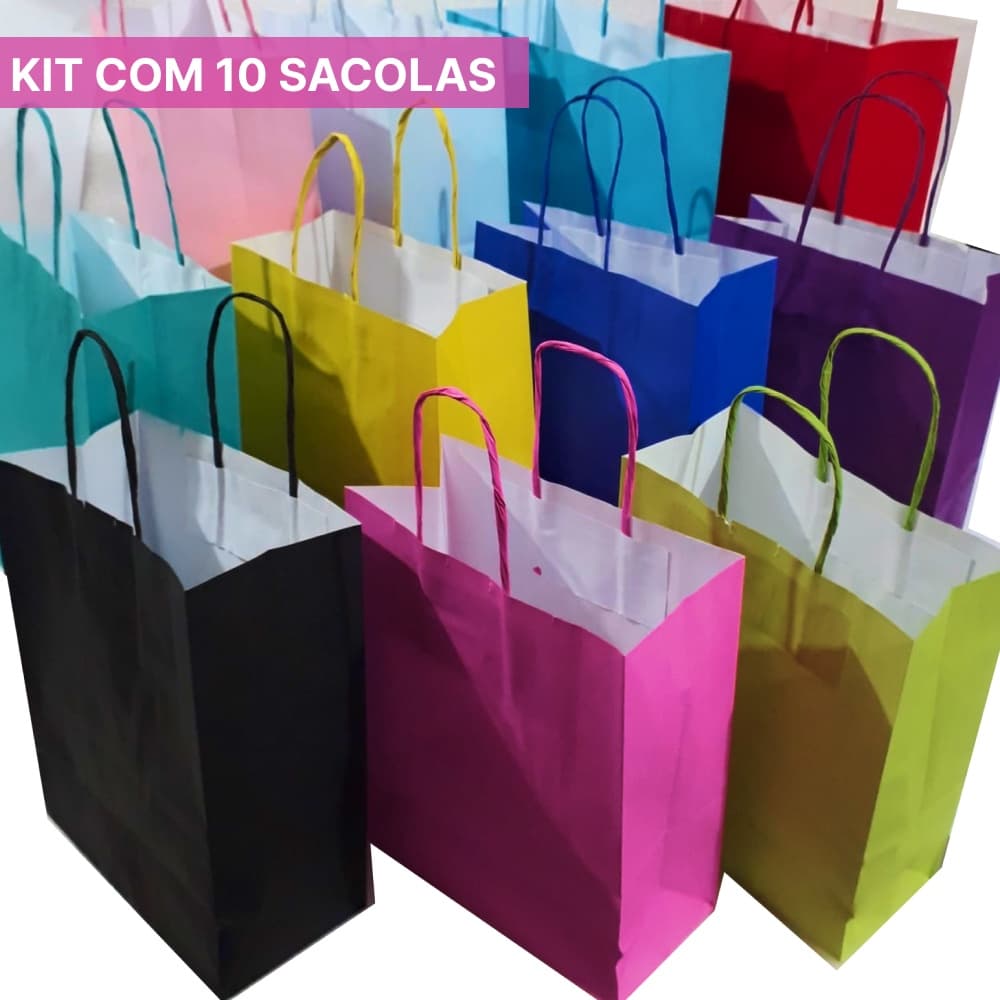 Sacolas Coloridas de papel - Pacote 10 Unidades - alça de cordão 18cmx9cmx22cm