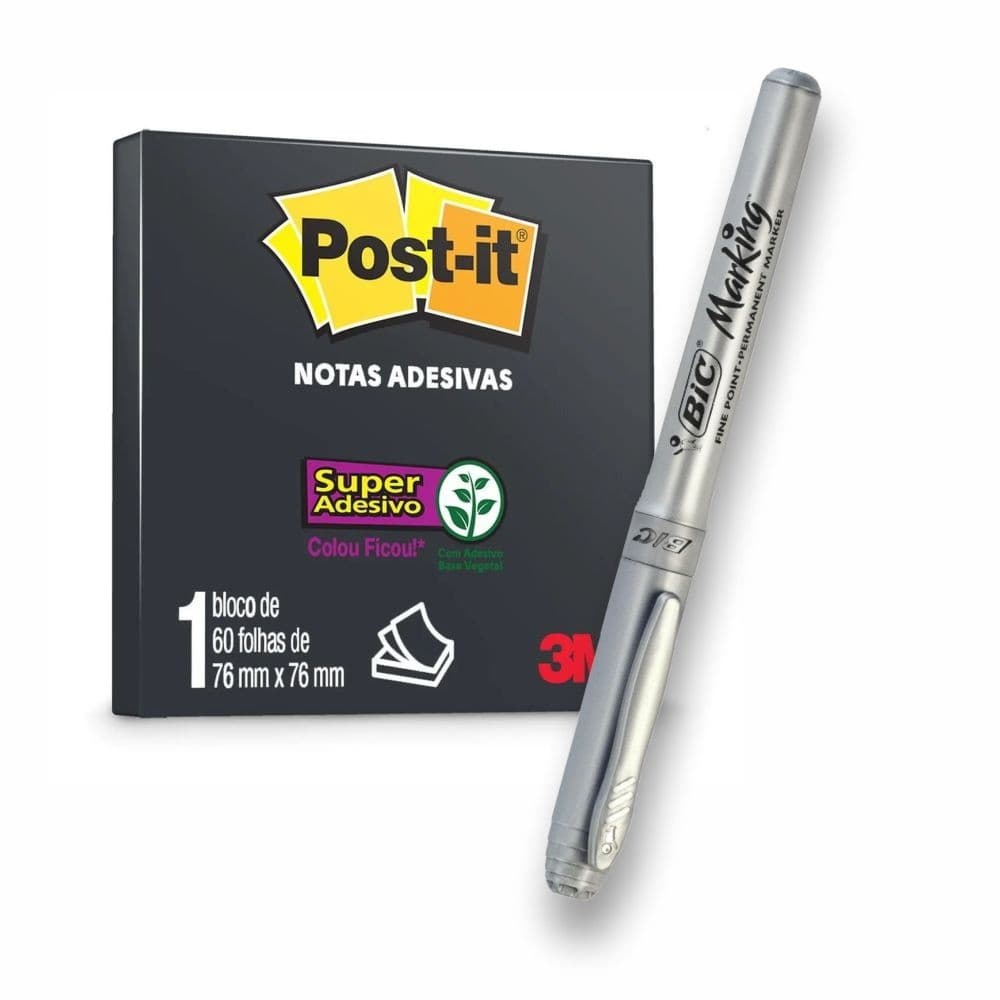 Post-it Preto 3m - 60 Folhas 7,6x7,6cm + Caneta Prata