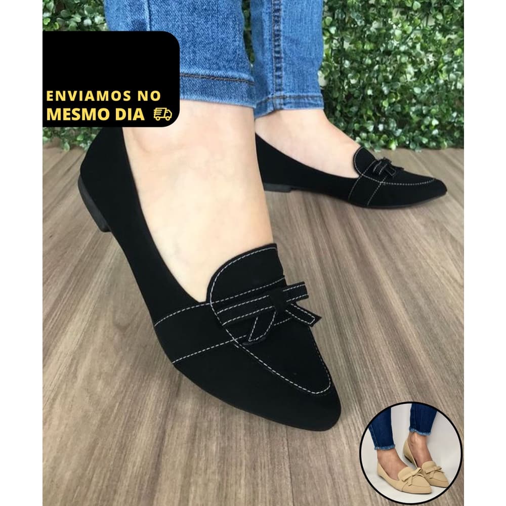 Sapatilha Feminina Bico Fino Mocassim Rasteira Rasteirinha Sandália Social Confortável Preto Casual Moda