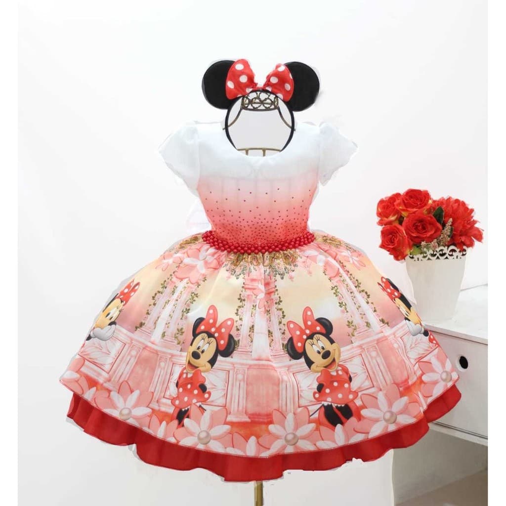 Vestido Festa Tema Minnie Vermelha Super Luxo Realeza