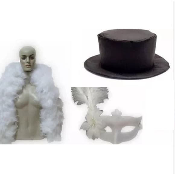 Kit noivos estola pluma luxo + cartola preta + mascara noiva