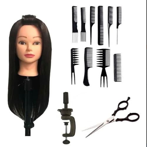 Cabeça Sintética Castanho Escuro + Suporte + Tesoura  Kit Pentes