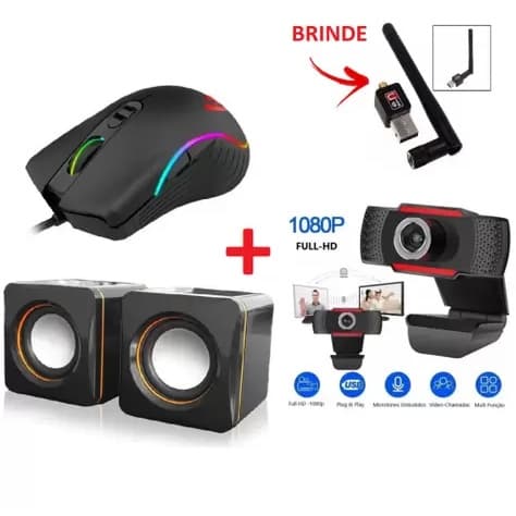 Kit Básico Mouse Optico gamer, Web cam Full HD 1080 E Caixa De Som P2 + Brinde