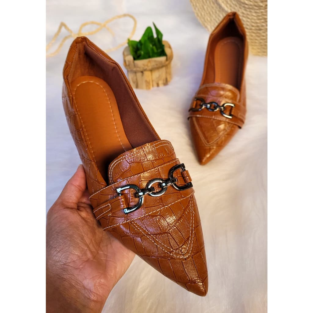 Sapatilha Bico Fino Feminina Mocassim Feminino Sapato Feminino Confortável Promoção Casual Cobra Detalhe Metalizado