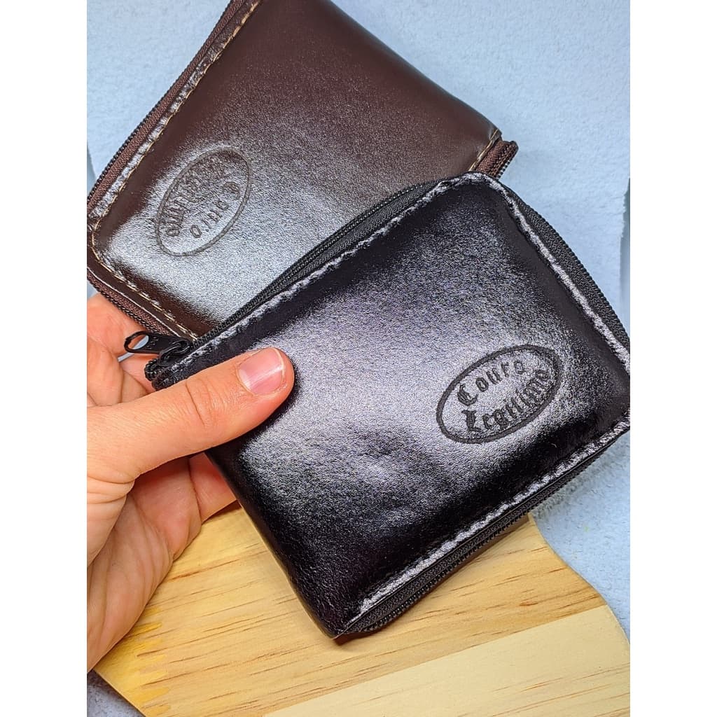 Carteira Masculina em Couro Legitimo grande com Ziper Velcro Porta Moedas Cartão Notas Cheque Preta Marrom