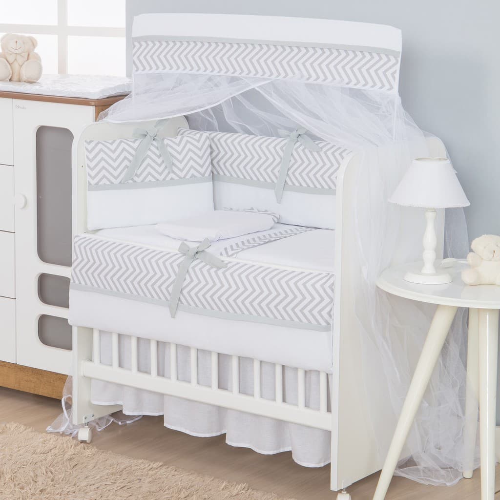 Kit Protetor Para Mini Berço 8 Peças Chevron Cinza
