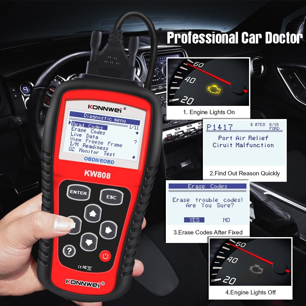 OBD2 Scanner KONNWEI KW808 Ferramenta De Diagnóstico Automotivo OBD 2 Leitor De Código Do Motor Automático CAN J1850