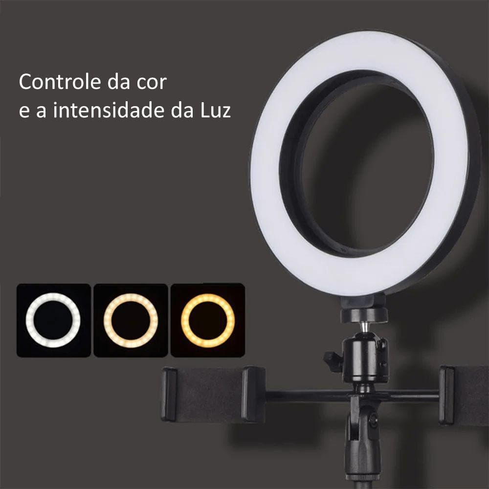 Ring Light 10 Pol Portátil C/ Suporte Mesa Regulável 3 Celulares