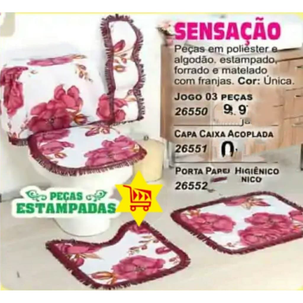 Jogo de Banheiro 03 Peças - 02 Tapetes e 01 Protetor Sanitário - Estampado - OFERTA