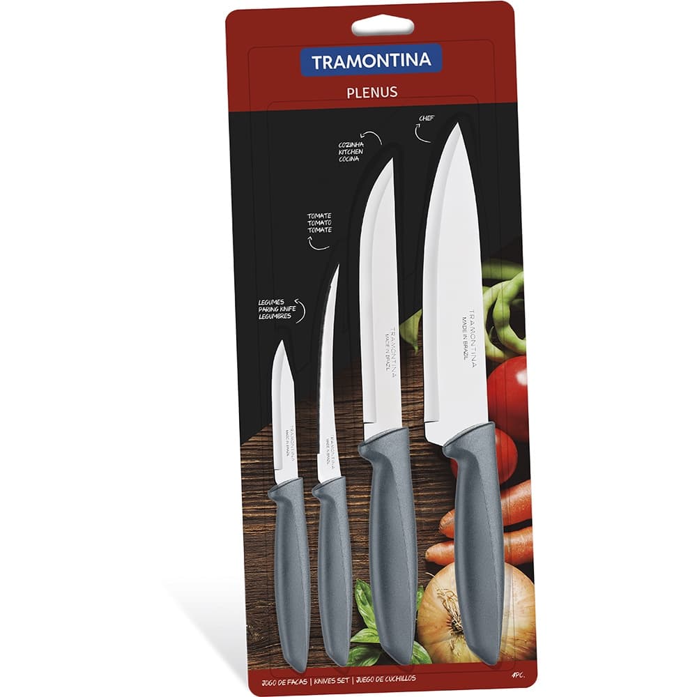 Jogo 4 Facas Tramontina Plenus Inox Cozinha - Cinza