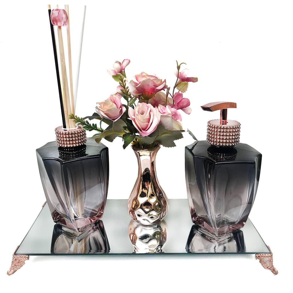 Kit Vidros Para Lavabo decoração Aromatizador + Sabonete  Degrade Com Válvula Super Luxo + Tampa para Difusor + Varetas