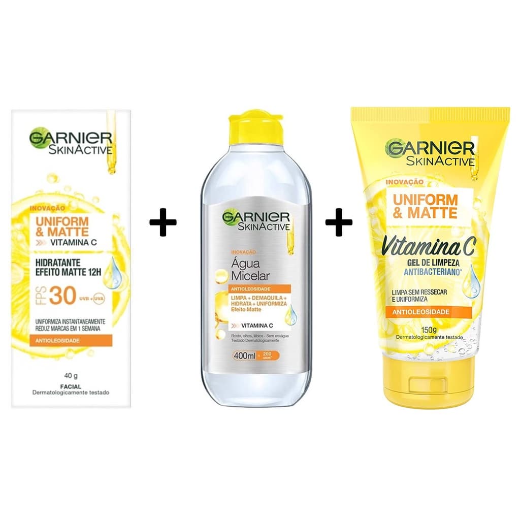 Kit Garnier SkinActive Vitamina C Facial: Gel de Limpeza + Água Micelar + Hidratante Uniformizador