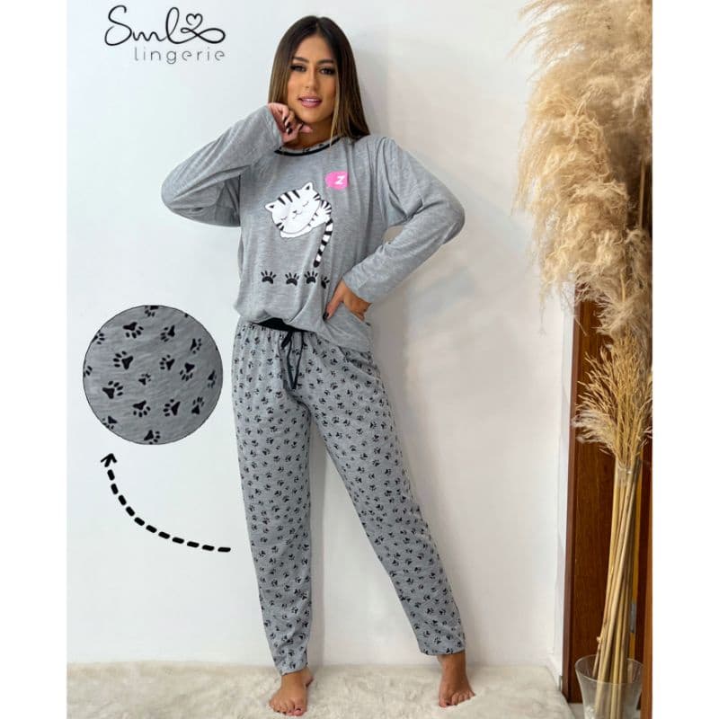 Pijama adulto malha com calça e manga comprida de inverno