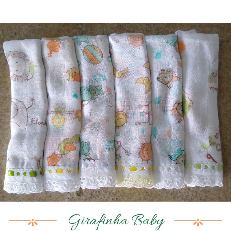 Kit 6 fraldinhas de boca estampadas babete paninho fralda toalhinha menino menina neutro