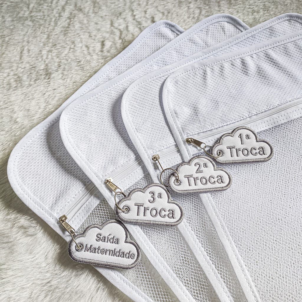 Kit 6 Saquinhos Maternidade Multiuso Saco Organizador Nécessaire Envelope Com Zíper com Tag Bordado