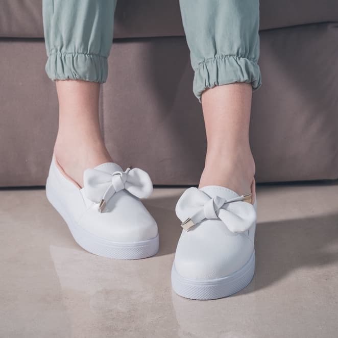 Tênis Slip On Feminino Bia Calçados Laço Napa Branco