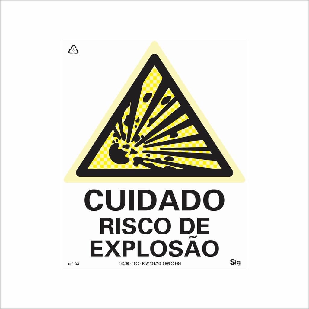 Placa de Sinalização Alerta Cuidado Risco de Explosão Fotoluminescente Antichamas