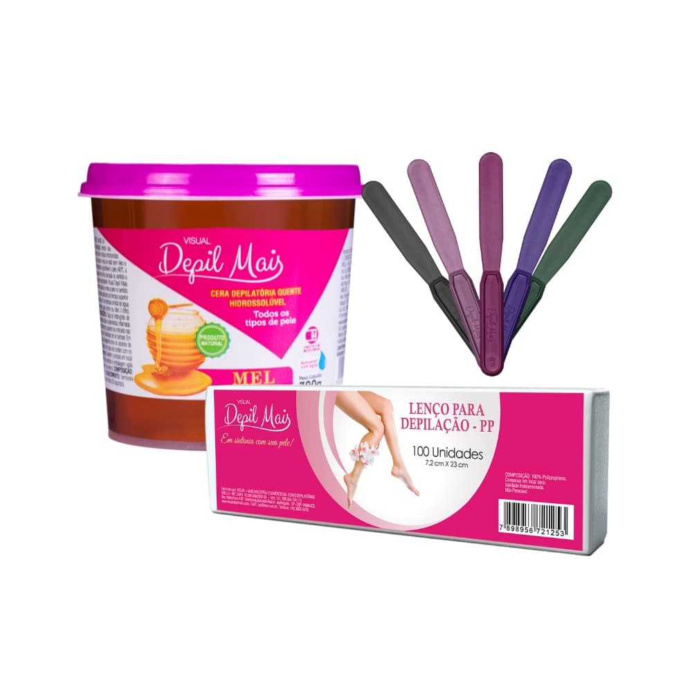 Kit Cera Depilatória Depil Mais 600g Hidrossolúvel + Papel tnt 100uni 23cm x 7,2cm+espatula plástica