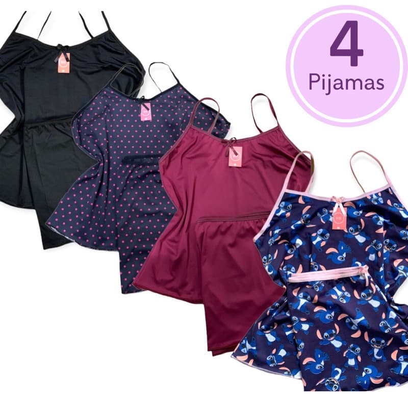 Kit 4 pijama feminino baby doll short doll liso e estampado P ao Plus size moda feminina