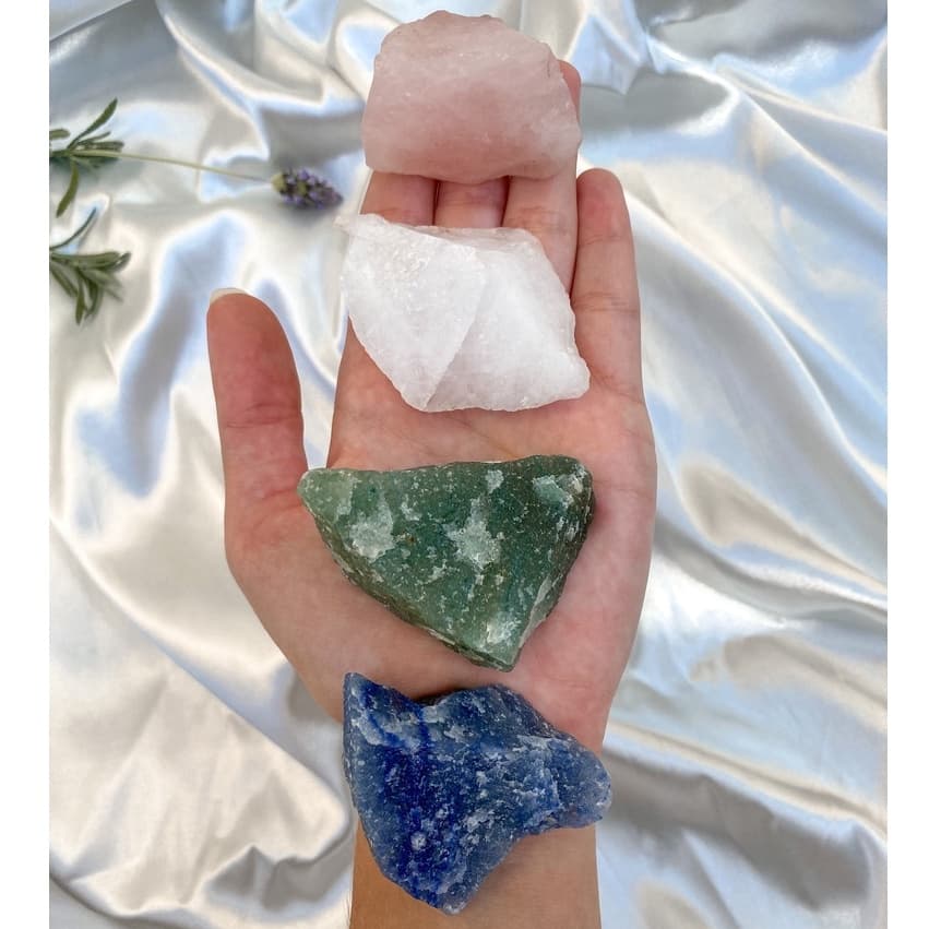 Kit 4 Cristais Naturais Brutos Quartzo Pedra | Equilíbrio, harmonia, amor, saúde (Quartzos Rosa, Branco, Azul e Verde)