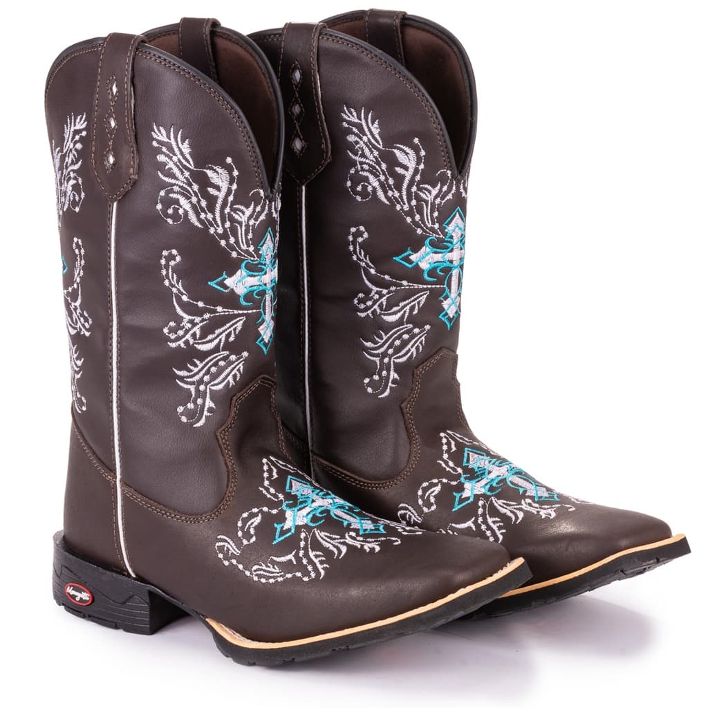 Bota Texana Feminina Country Bico Quadrado Solado De Borracha Cruz Azul Espelhada