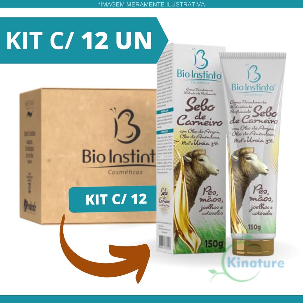 KIT (12 UN) Creme Hidratante e Desodorante Sebo de Carneiro C/ Óleo de Argan, Óleo de Amendoas, mel e Ureia 3% 150g Bio Instinto