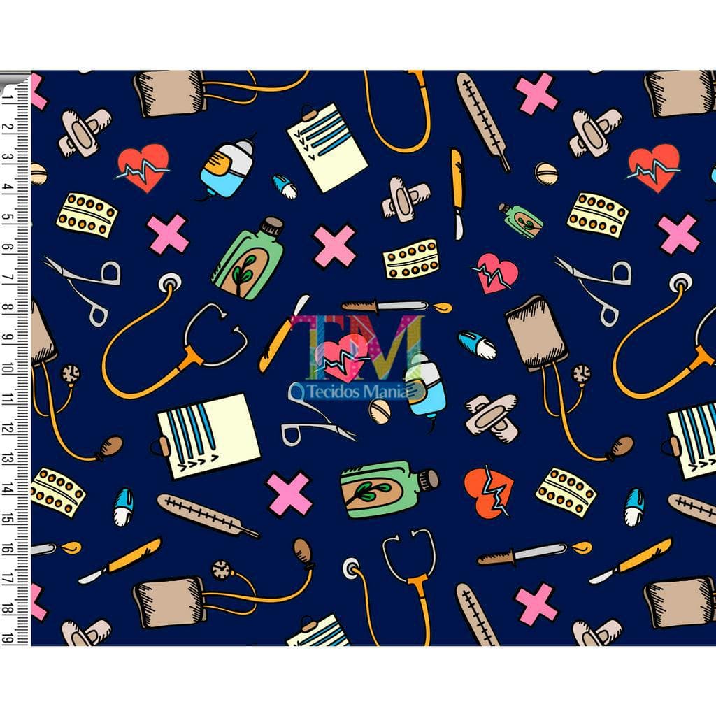 Tecido tricoline, microfibra ou gabardine estampado - Enfermagem - Fundo azul marinho - 0.50 cm