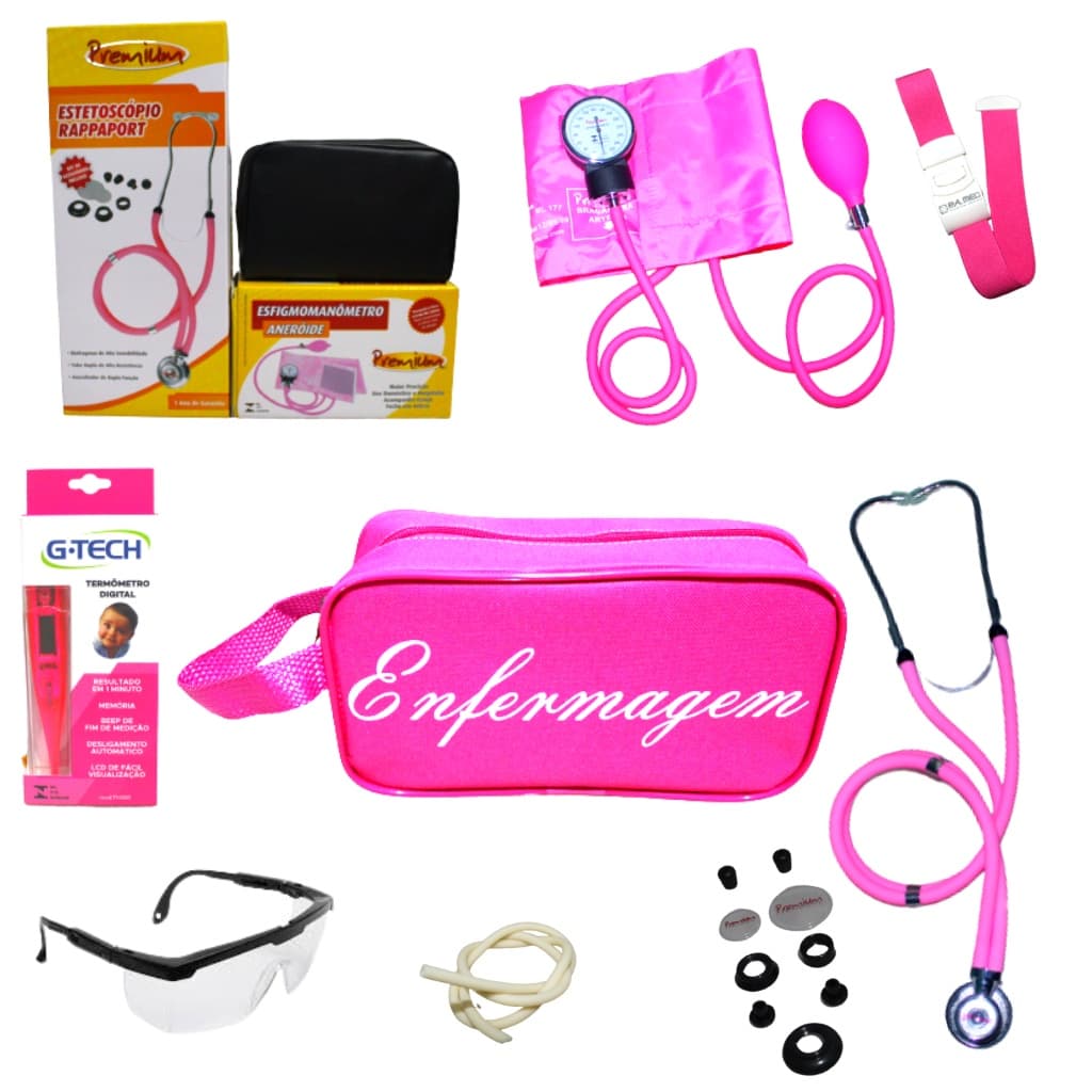 Kit Enfermagem Premium - Estetoscópio Duplo Rappaport, Esfigmomanômetro, 7 itens
