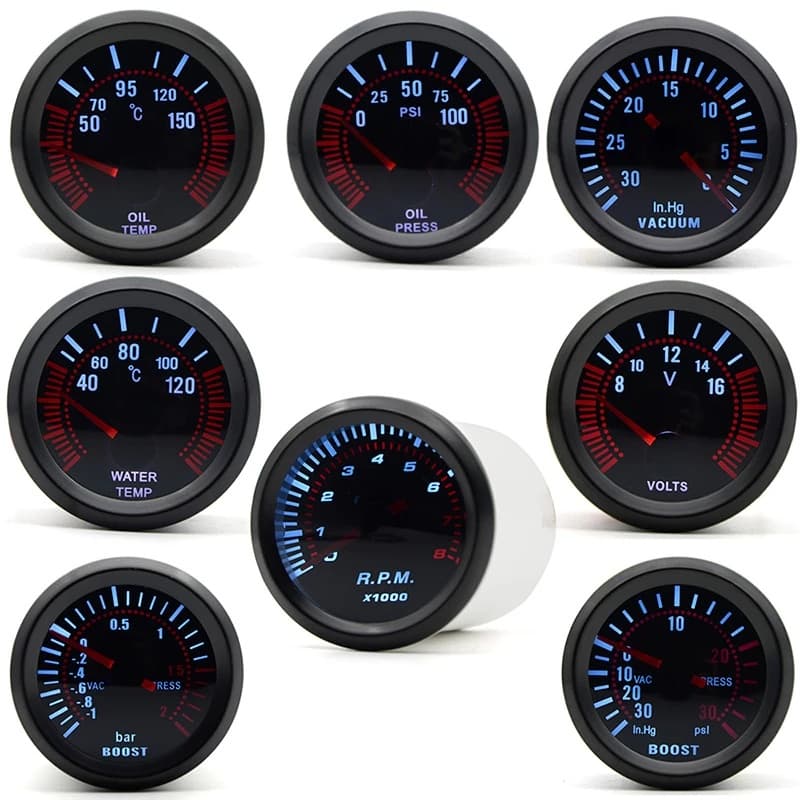 2 " 52mm Fumaça Lente Boost Gage bar psi/Vácuo/Temperatura Da Água Do Óleo/Pressão De Voltímetro/Tacômetro RPM Carro Caliber