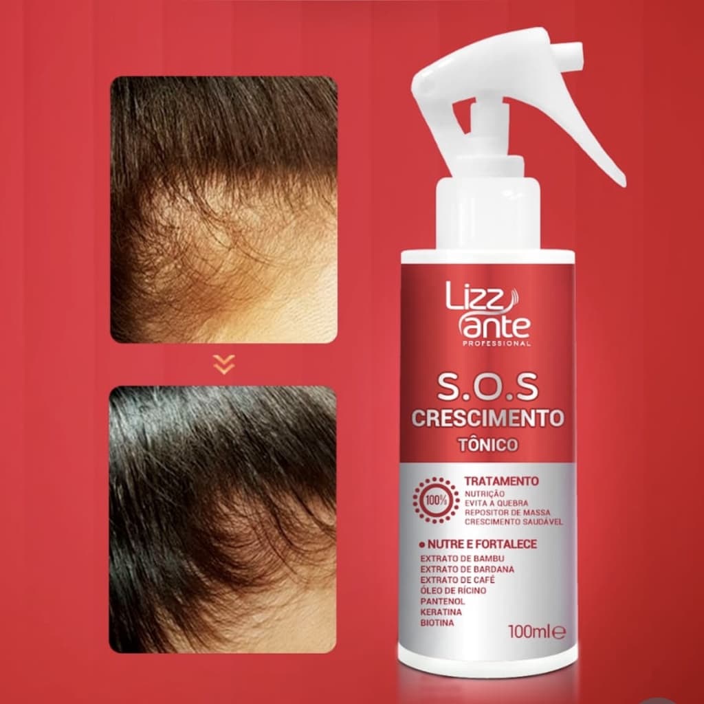 Tônico SOS Crescimento 100 ml Lizz ante - Crescimento Acelerado - Preenche Falhas - Aumento Volume Massa Capilar