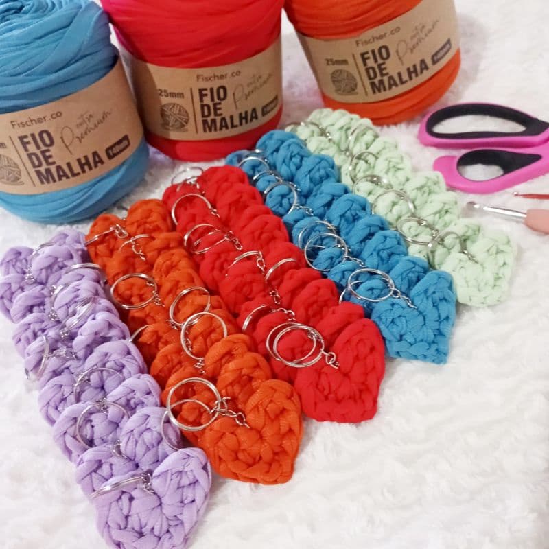 kit de 10 e 25 chaveiro de coração de fio de malha feito a mão