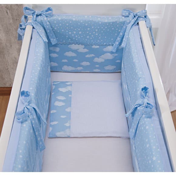 Kit Para mini Berço Bebe Menino Azul bebe Nuvens Céu 3pç Protetor para Mini Berço Bebê Menino Nuvens Azul Bebê