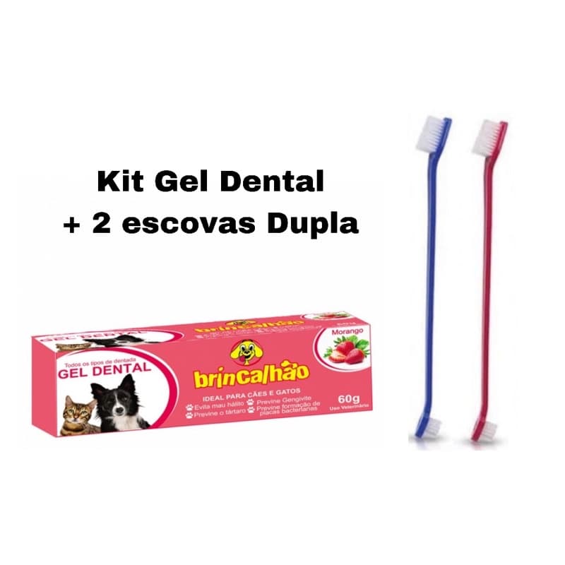 Kit Escova de dente Pet 2un + Pasta Gel Dental Morango - cachorro e Gato