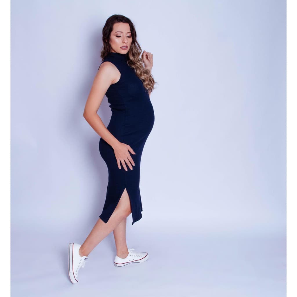 Vestido Justo Tubinho Midi  Canelado Gravida Gestante  Cavado