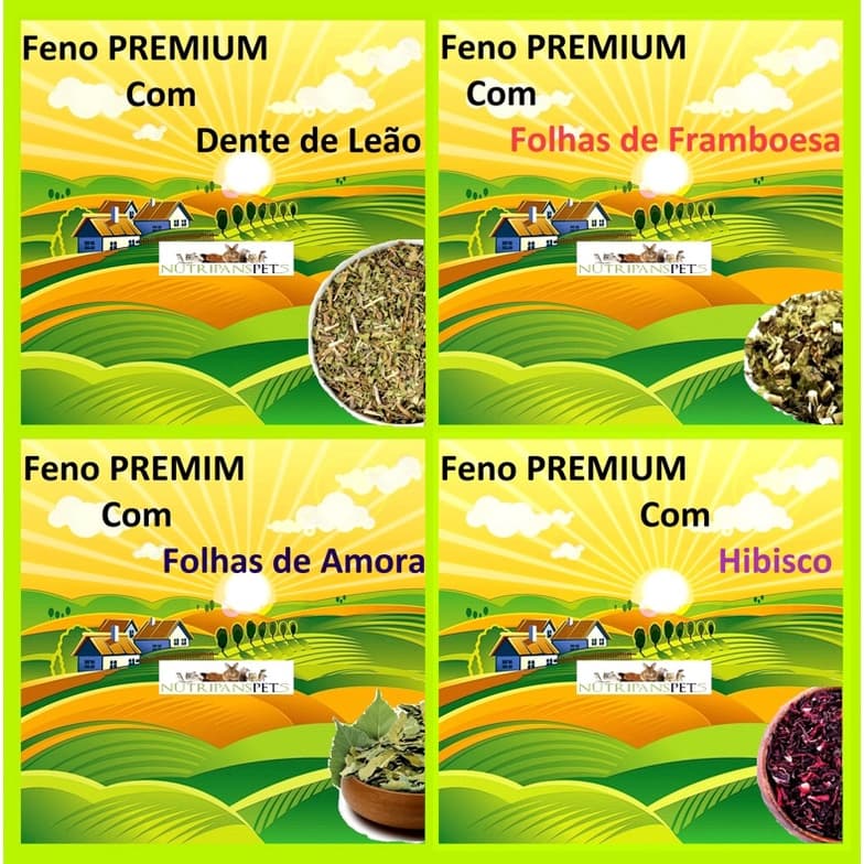 kit degustação 4 sabores de ervas Feno PREMIUM com ervas sabores Dente de leao Folha de Framboesa Hibisco Folha de Amora