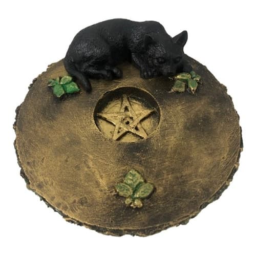 Incensário Pentagrama Com Gato 13cm Resina Wicca