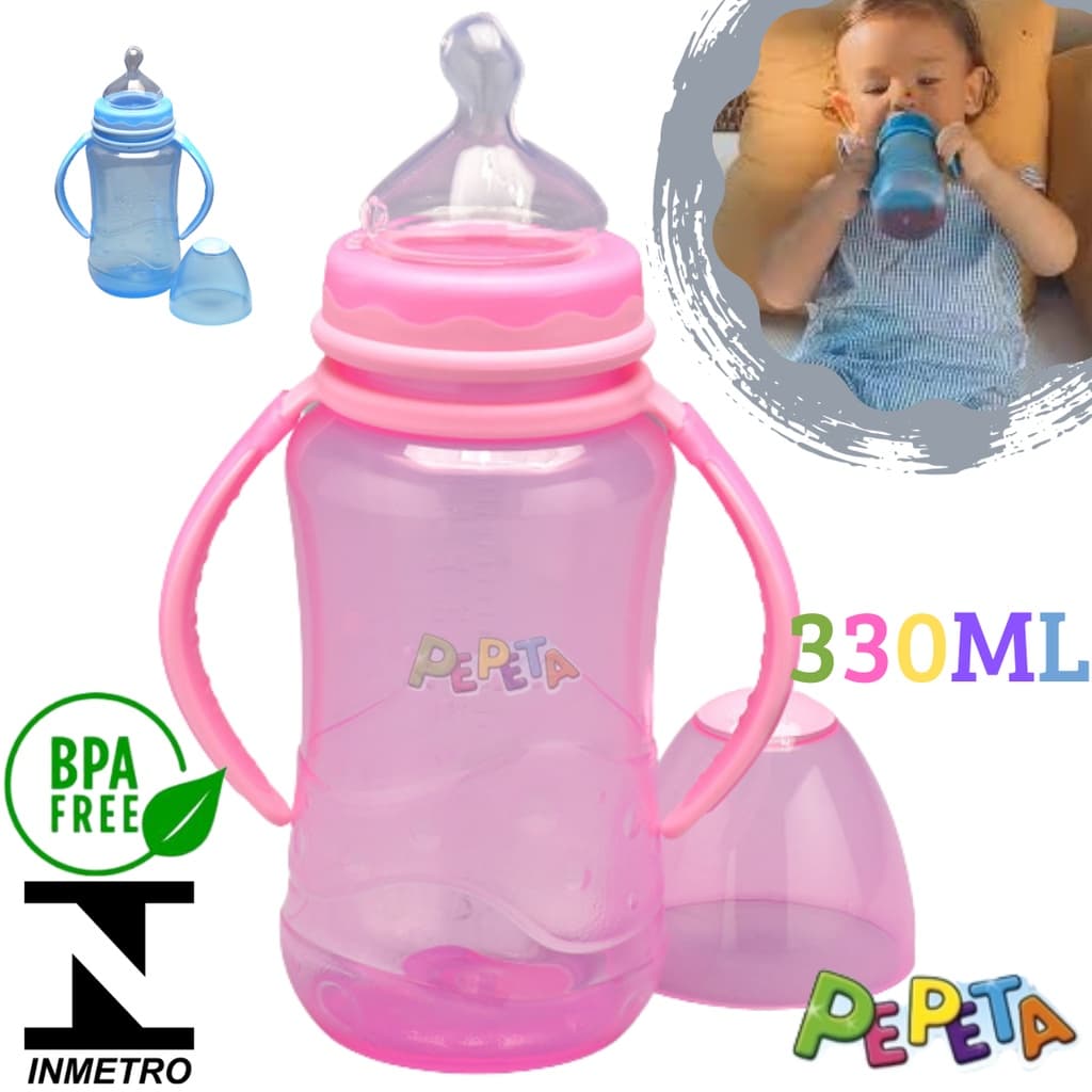 mamadeira 330ml bico de silicone transição infantil com alça menino.