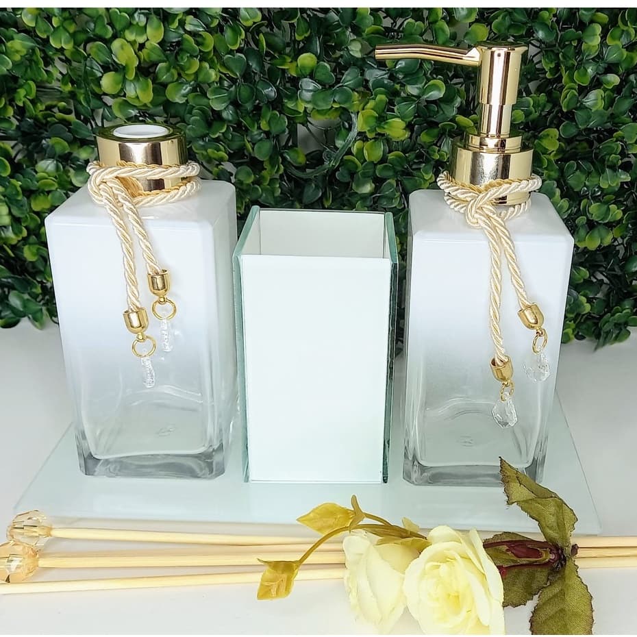 KIT LAVABO BRANCO DEGRADE OURO LUXO PORTA ESCO ESCOVA BANDEJA
