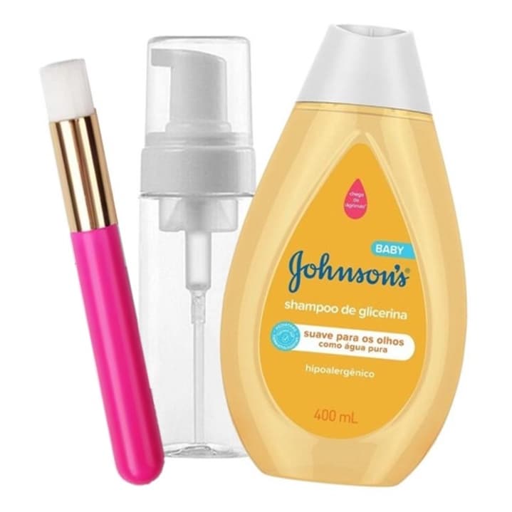 Frasco Pump Espumador 50 Ml + Shampoo Johnsons Limpeza De Cílios E Sombrancelha + Pincel Rosa
