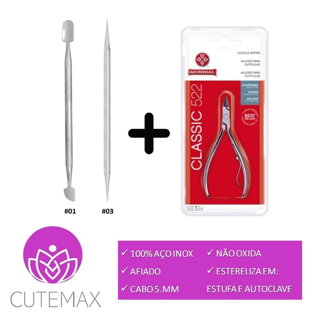 Alicate de cutícula Mundial + espatula + palito inox de manicure