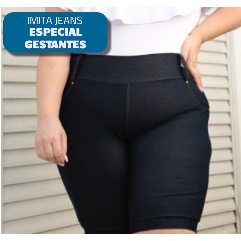Bermuda Imita Jeans Gestante Grávida Roupa Confortável Verão