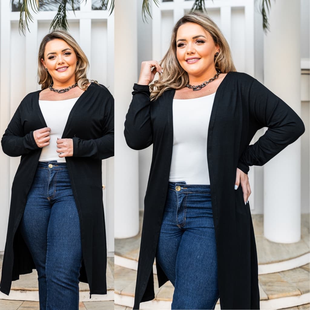 Sobretudo Longo Plus Size Feminino Social Básico Cardigan Kimono Moda Feminina