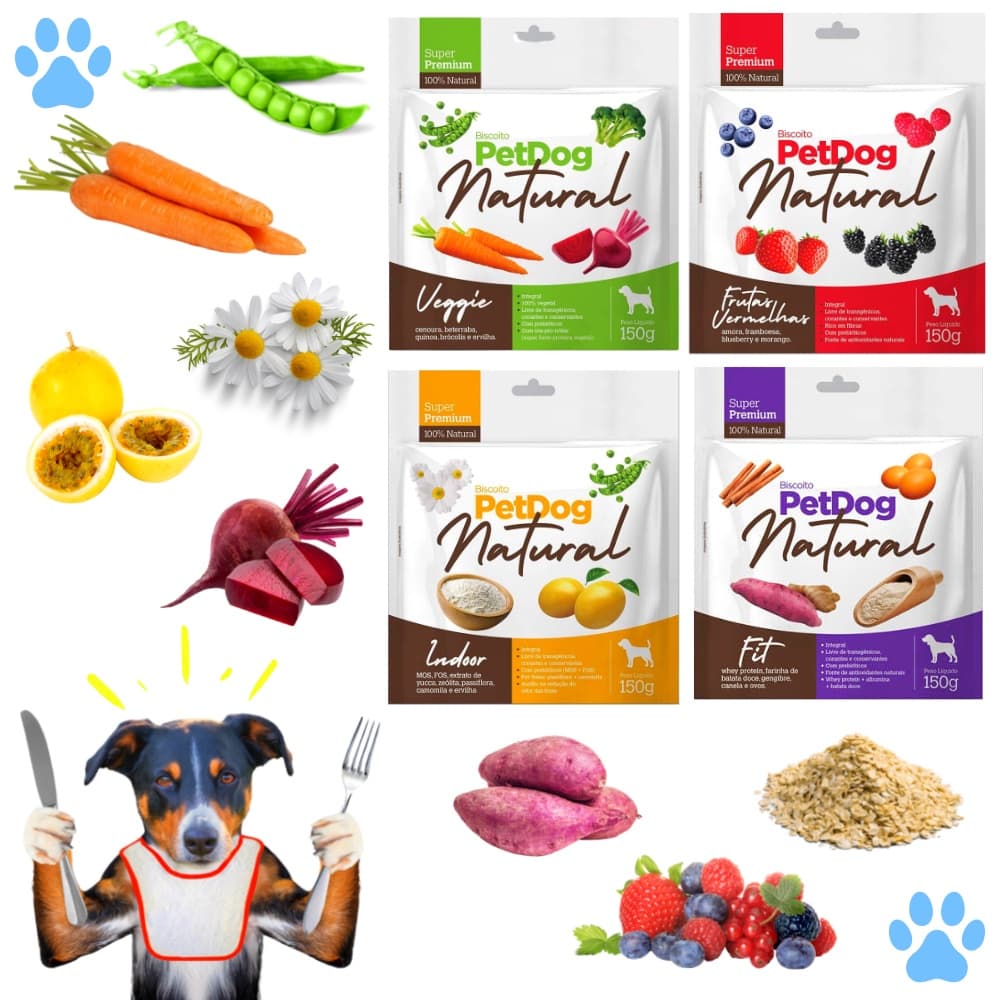 Kit 4 Petisco Biscoito PetDog Natural 150g Premium para Cachorro Frutas Vegetais e Carne